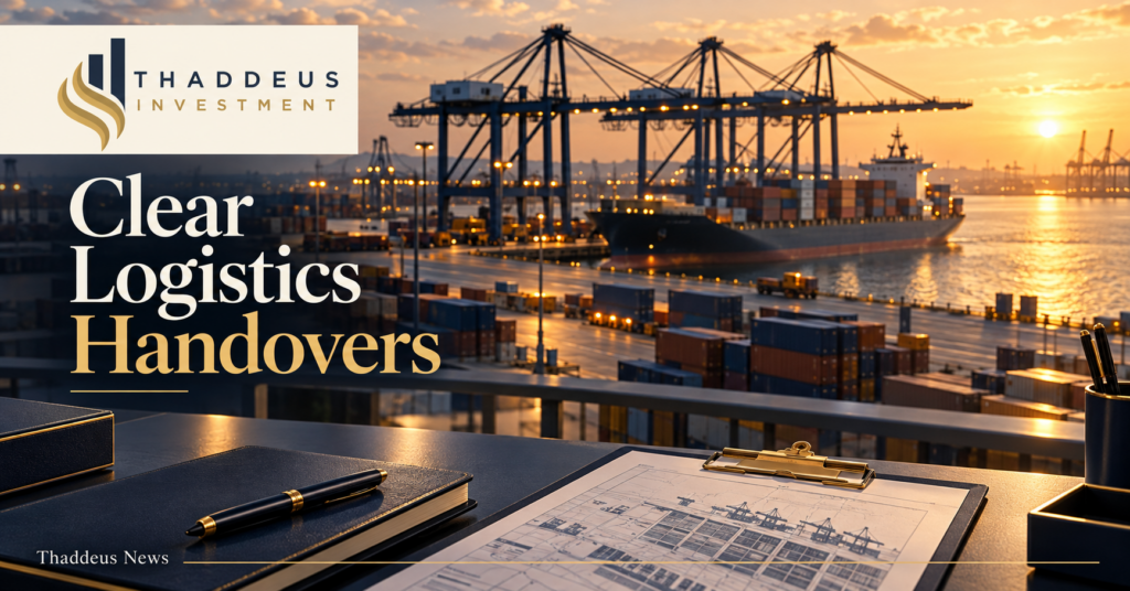 Conceptual AI illustration of a container terminal and shipment coordination plan, with Thaddeus branding.