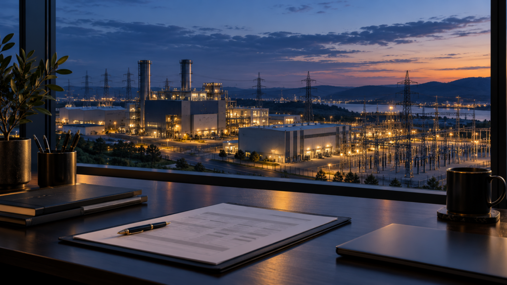 Industrial facility and commercial documents illustrating energy costs and international trade planning.