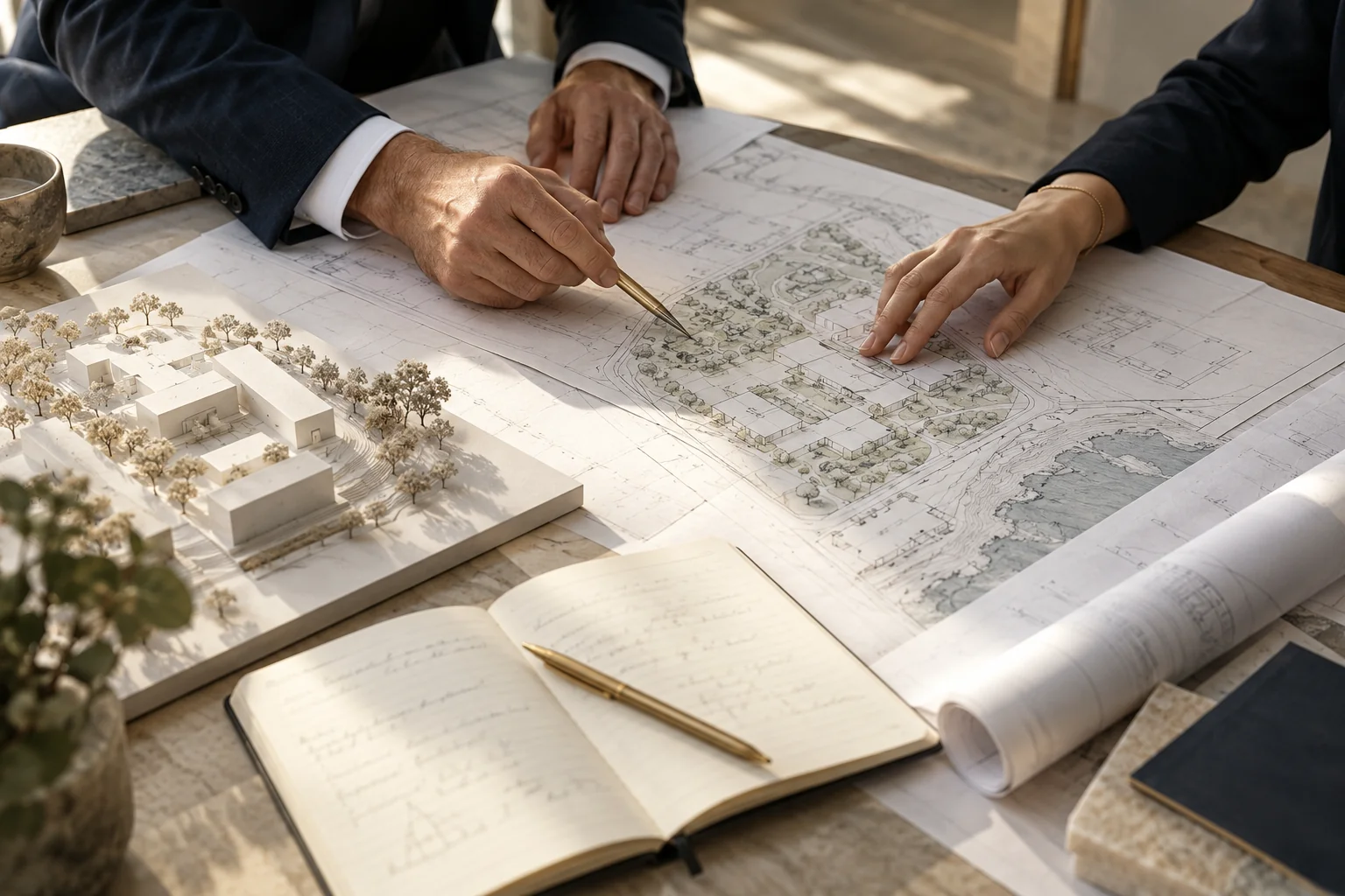 Project plans, an architectural model and professionals reviewing documentation