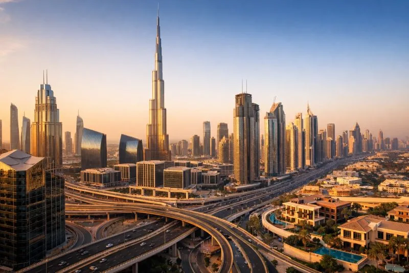 Burj Khalifa above the Dubai skyline at sunset
