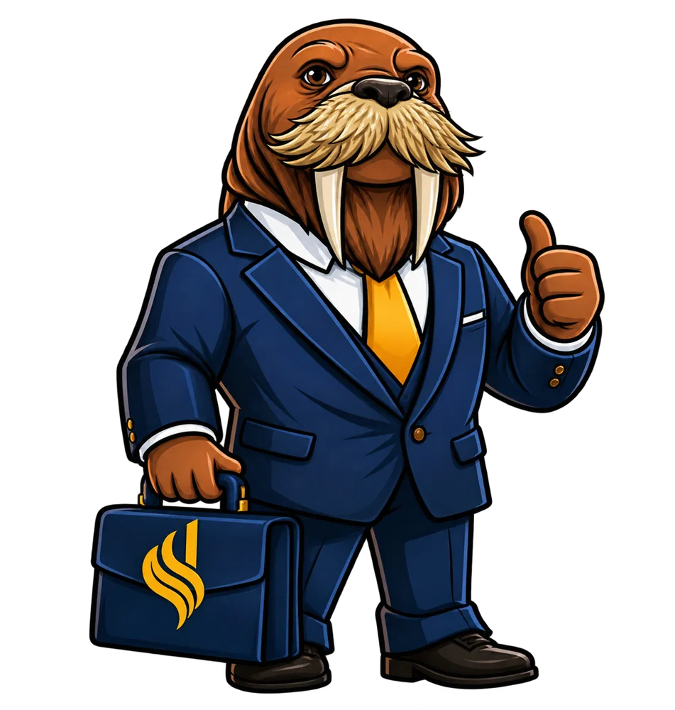 The official Thaddeus mascot, a walrus in a navy suit
